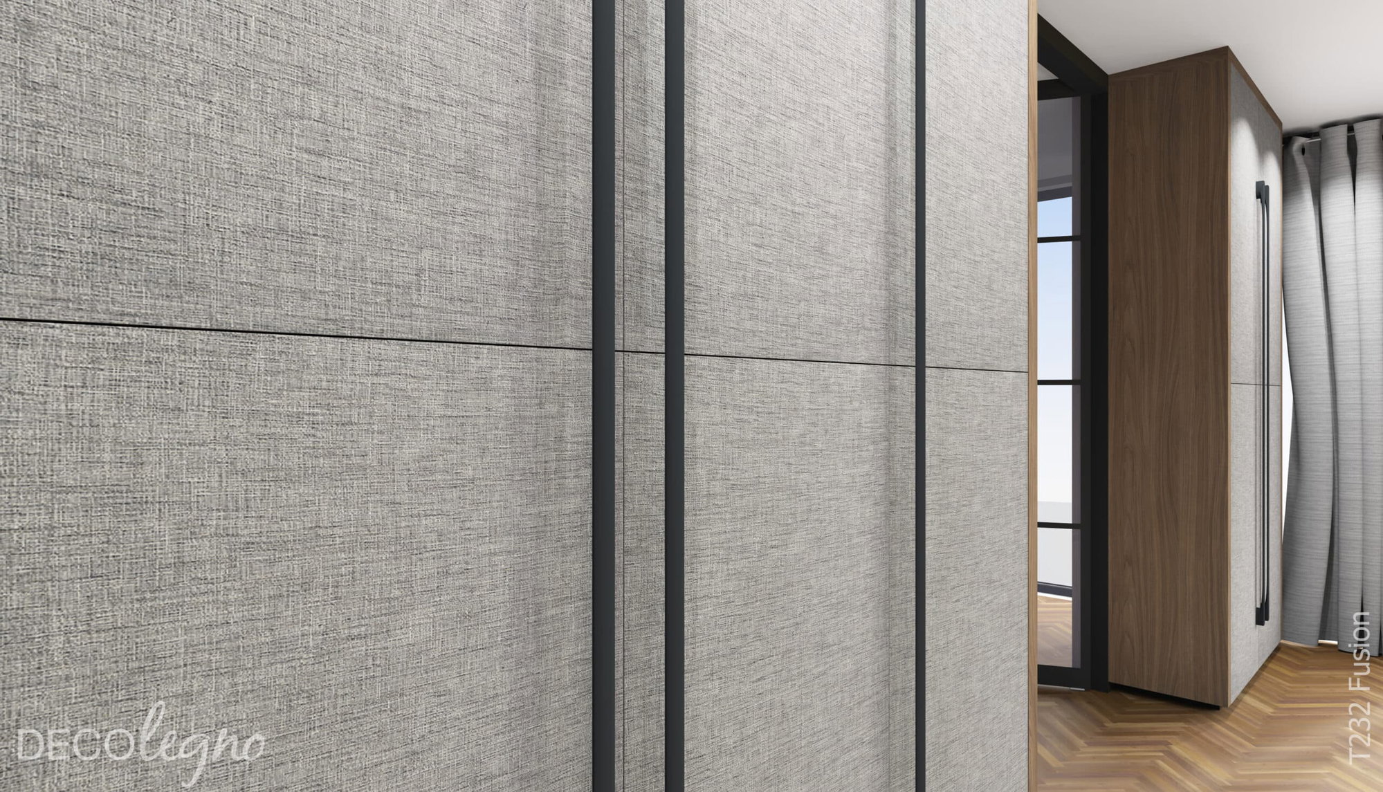 Render van een maatwerkkast uitgevoerd in decoratief plaatmateriaal van Cleaf waarin echt textiel is verwerkt; de T232 Fusion.
