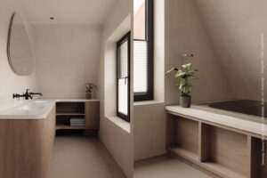 Een moderne badkamer in de mat bruine S076 Sherwood perfect gecombineerd met het gekorrelde decor van het solid surface materiaal TS070 Gadthena