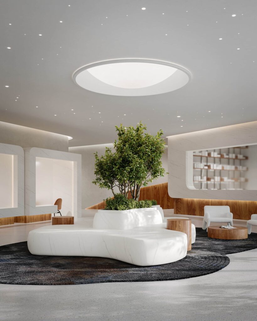 solid surface wit marmer met grijze ader toegepast in ontvangstruimte