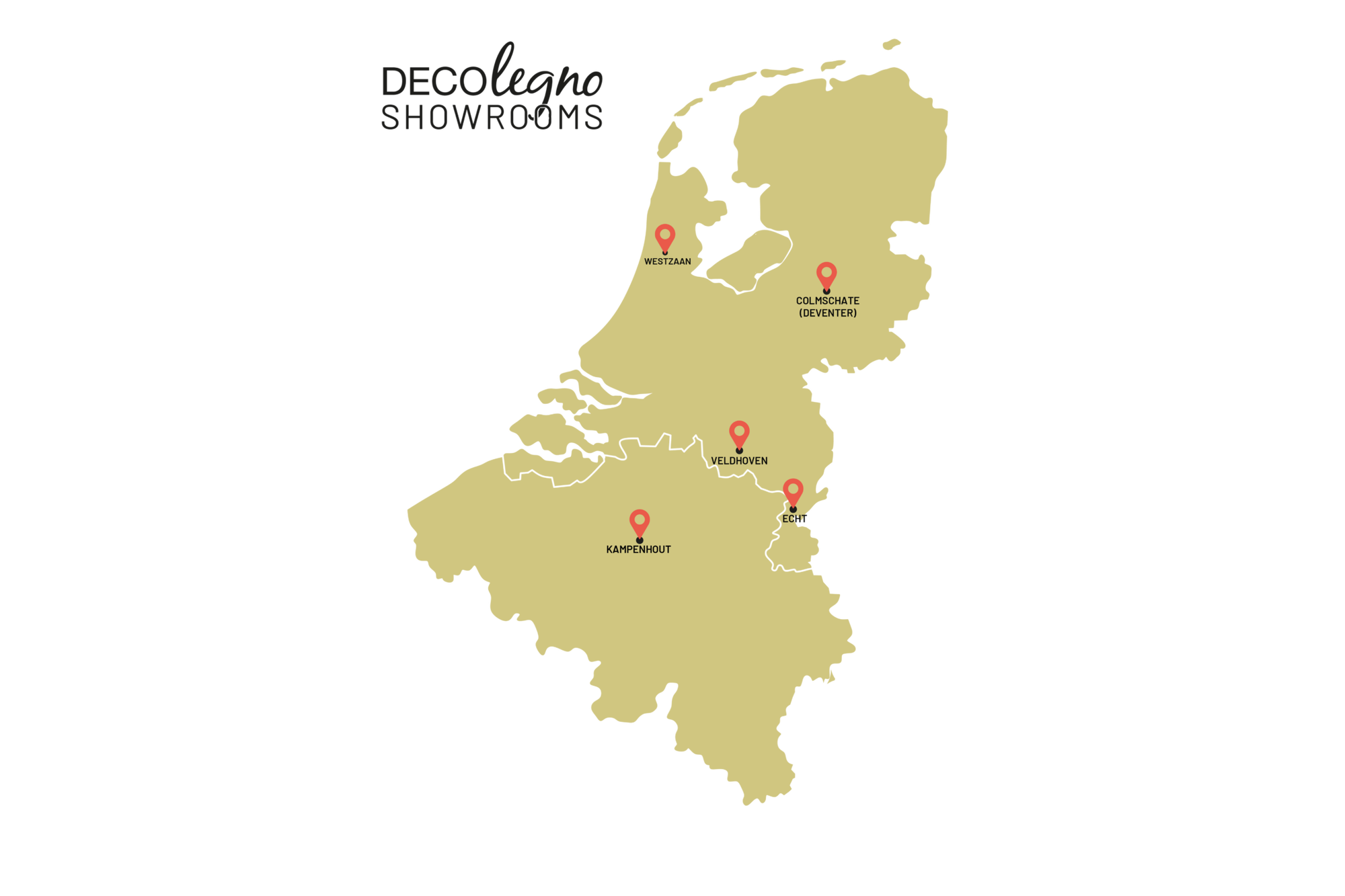Plattegrond van België en Nederland met markeringen van de showroomlocaties van DecoLegno
