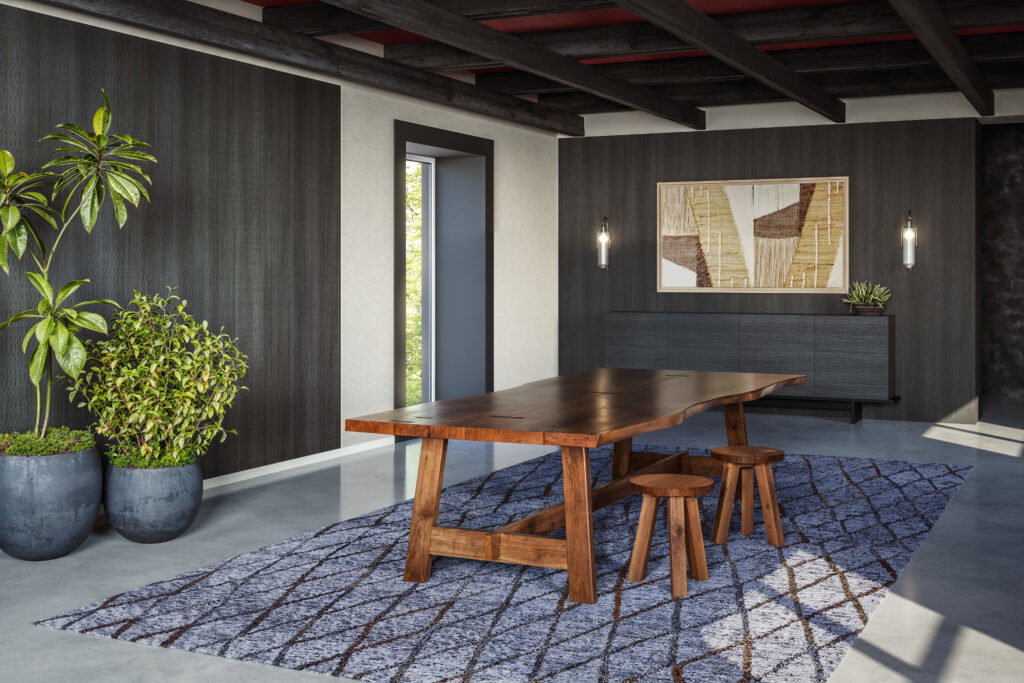 Rendering van een eetkamer met wandafwerking uitgewerkt in de S182 Quercia van Cleaf, welke haar oorsprong in eikenhout vindt en een dressoir in het vergrijsd zwarte S182 Sbalzo van Cleaf met geometrische structuur