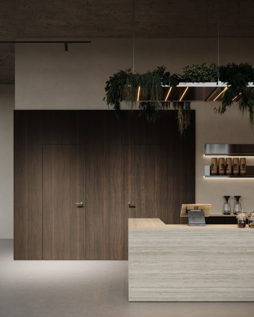 Render van een horecagelegenheid met bar uitgewerkt in plaatmateriaal FD01 Taranta van Cleaf, welke de beleving van travertin heeft. De wandafwerking uitgewerkt in een zandkleurig decor FD10 Taranta van Cleaf en donkerbruine tint van LN55 Maloja, een decor dat is geïnspireerd op mat gelakt notenhout.
