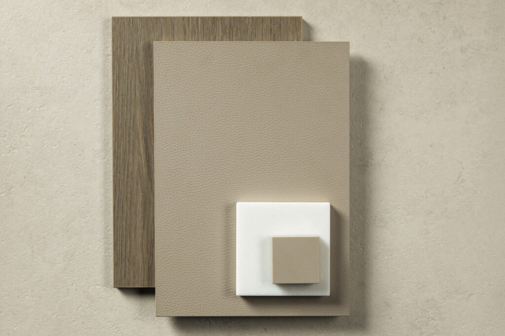Moodboard van de FD10 Taranta, waarin een zandkleurig decor wordt gecombineerd met voelbare poriën die de beleving geven van steen