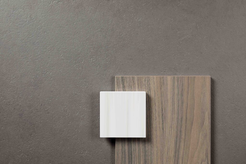 Moodboard van de FD15 Taranta, welke olifanten grijs is met subtiele kleurnuances.
