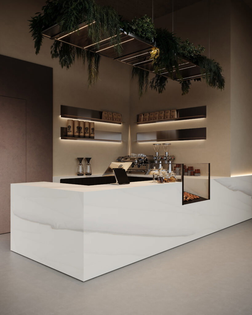 Zijaanzicht van een horecagelegenheid met een bar uitgewerkt in het solid surface decor DM5048 Starstruck van Durasein, welke de luxe uitstraling van marmer op een warm witte basis biedt. De wandafwerking uitgewerkt in de FD29 Taranta van Cleaf, welke de beleving van zandsteen geeft, en een deur in de FD14 Taranta van Cleaf, een bruine steentextuur.