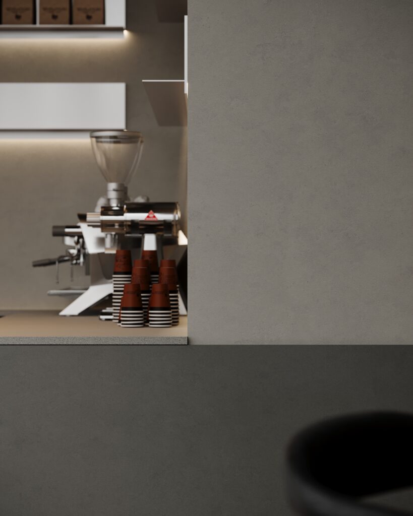 Detailafbeelding van een bar uitgewerkt in het donkergrijze plaatmateriaal FD16 Taranta van Cleaf in combinatie met een blad uitgewerkt in het gekorrelde solid surface decor TS053 Old Castle van Durasein. De wandafwerking uitgewerkt in het lichtgrijze decor FD16 Taranta van Cleaf