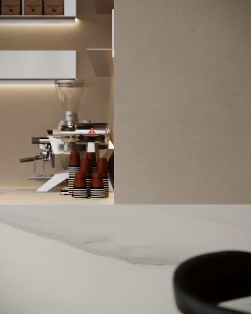 Detailafbeelding van een bar uitgewerkt in het solid surface decor DM5048 Starstruck van Durasein, welke de luxe uitstraling van marmer op een warm witte basis biedt. De wandafwerking uitgewerkt in de FD29 Taranta van Cleaf, welke de beleving van zandsteen geeft.