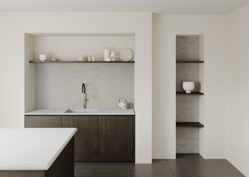 Render van een keuken uitgevoerd in solid surface decor DM5001 Niagara, welke lichte kleurnuances in beige en lichtgrijs toont, verrijkt met fris witte vlokken.