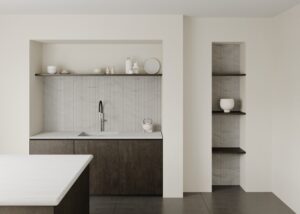 Render van een keuken uitgevoerd in solid surface decor DM5001 Niagara, welke lichte kleurnuances in beige en lichtgrijs toont, verrijkt met fris witte vlokken.