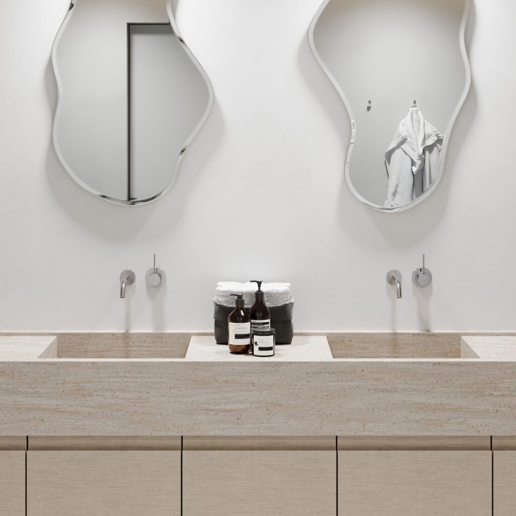 Render van een badkamer, ontworpen in het solid surface decor D M5016 Travertine, welke warme kleurnuances in beige en bruin samenbrengt in een levendig patroon.