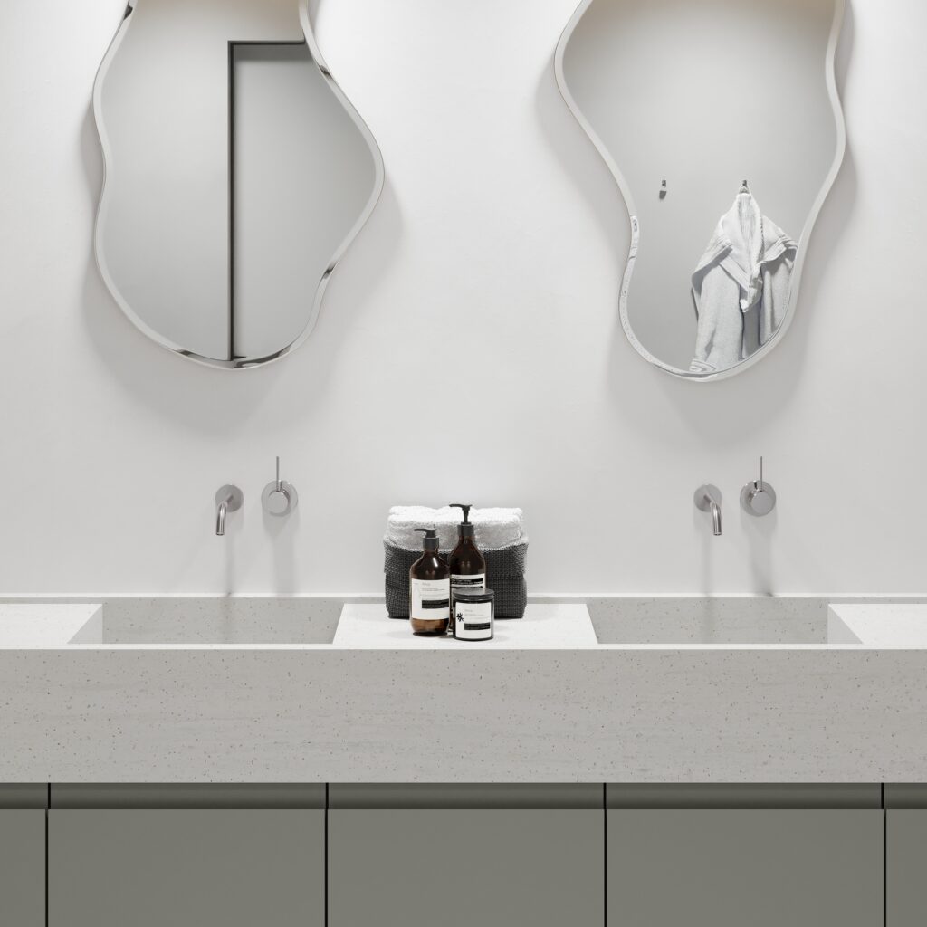 Render van een badkamer, ontworpen in het solid surface decor DM5017 Grigio waarmee je de look van glas-, graniet- of zandsteen korrels beleefd