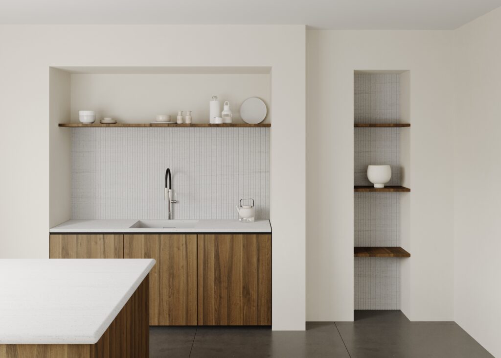 Render van een keuken uitgevoerd in solid surface decor DM5028 Bianca Sabbia van Durasein, welke de look van glas-, graniet- of zandsteen korrels heeft.