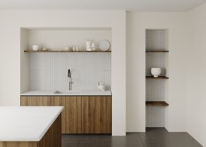 Render van een keuken uitgevoerd in solid surface decor DM5028 Bianca Sabbia van Durasein, welke de look van glas-, graniet- of zandsteen korrels heeft.