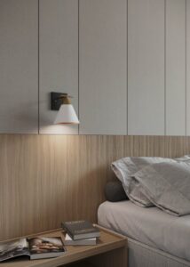 Renderbeeld van hotelkamer met decoratief plaatmateriaal met leerstructuur in grijze kleur FC24 Primofiore
