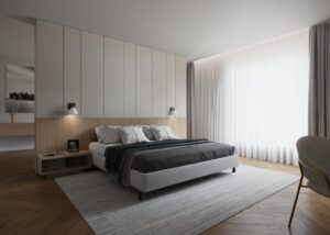 Renderbeeld van hotelkamer met decoratief plaatmateriaal met leerstructuur in grijze kleur FC24 Primofiore