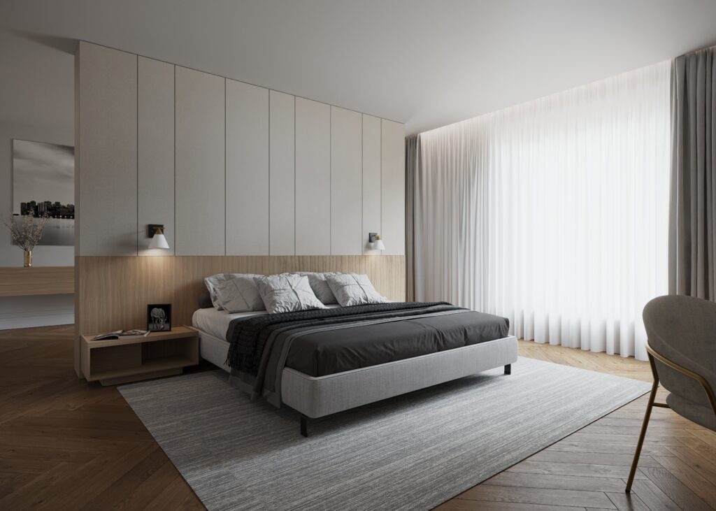 Renderbeeld van hotelkamer met decoratief plaatmateriaal met leerstructuur in grijze kleur FC24 Primofiore