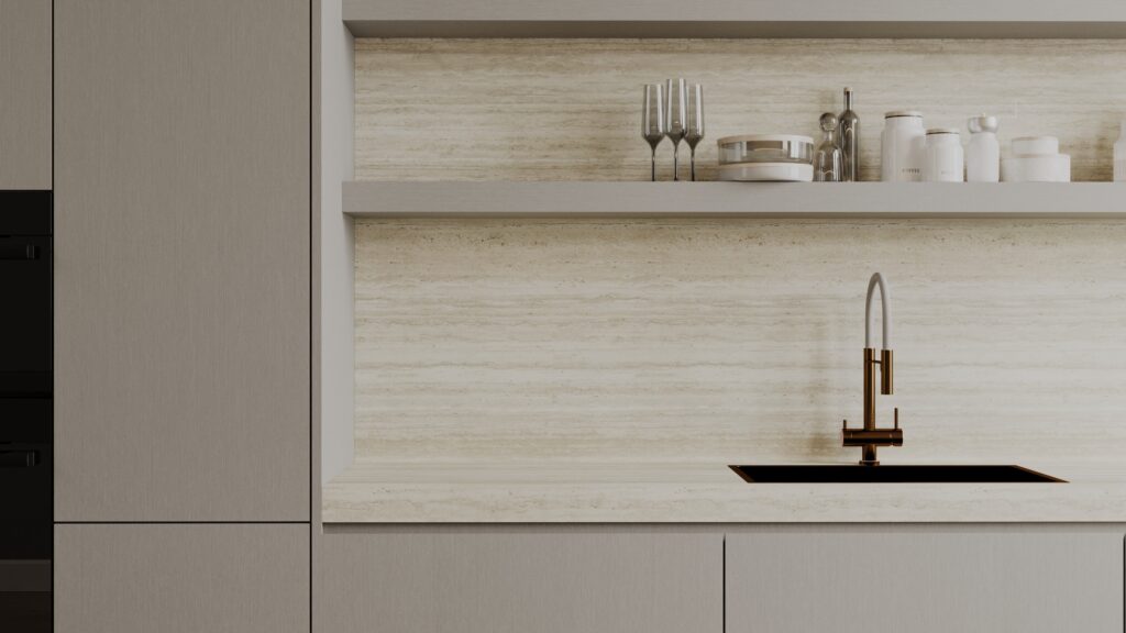 Renderbeeld van een keuken in decoratief plaatmateriaal FC84 Reflex met achterwand in natuursteen FD01 Concreta Taranta