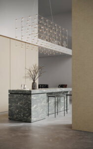 Rendering van een bar uitgewerkt in natuursteendecor FD41 Fiocco van Cleaf en wandafwerking in de FD31 Alpaca van Cleaf, welke de optische illusie van geweven textiel in een lichte, natuurlijke beige toon geeft.