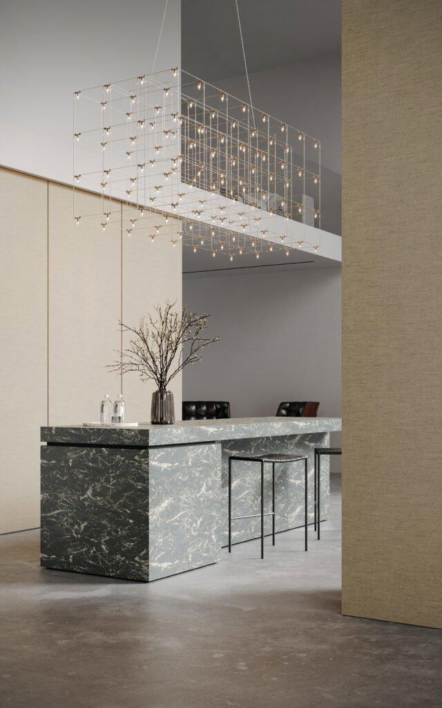 Rendering van een bar uitgewerkt in natuursteendecor FD41 Fiocco van Cleaf en wandafwerking in de FD31 Alpaca van Cleaf, welke de optische illusie van geweven textiel in een lichte, natuurlijke beige toon geeft.