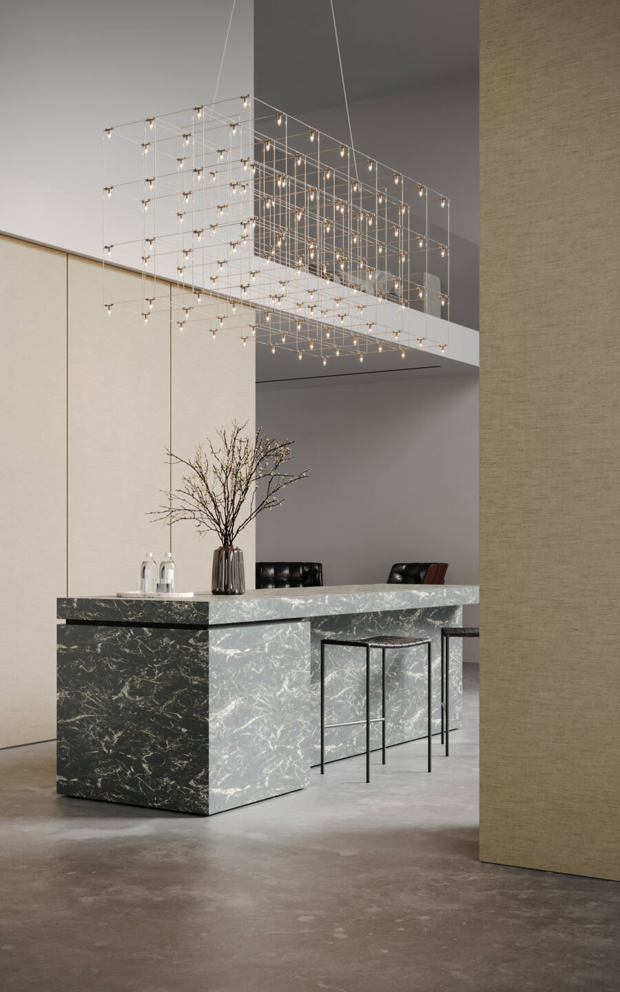 Rendering van een bar uitgewerkt in natuursteendecor FD41 Fiocco van Cleaf en wandafwerking in de FD31 Alpaca van Cleaf, welke de optische illusie van geweven textiel in een lichte, natuurlijke beige toon geeft.
