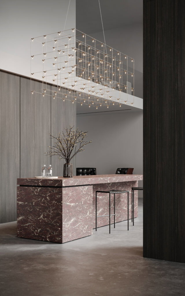 Rendering van een bar uitgewerkt in natuursteendecor FD42 Fiocco van Cleaf en wandafwerking in de LS42 Poro Noce van Cleaf, welke de beleving van walnotenhout geeft.