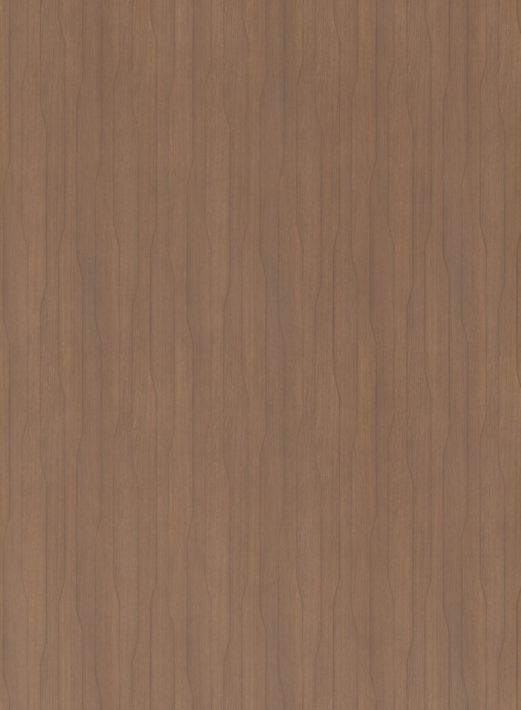 Hele plaatafbeelding van decoratief plaatmateriaal met een dynamisch lijnenspel in een donkerbruin eikenhout decor, de S220 Doga van Cleaf.