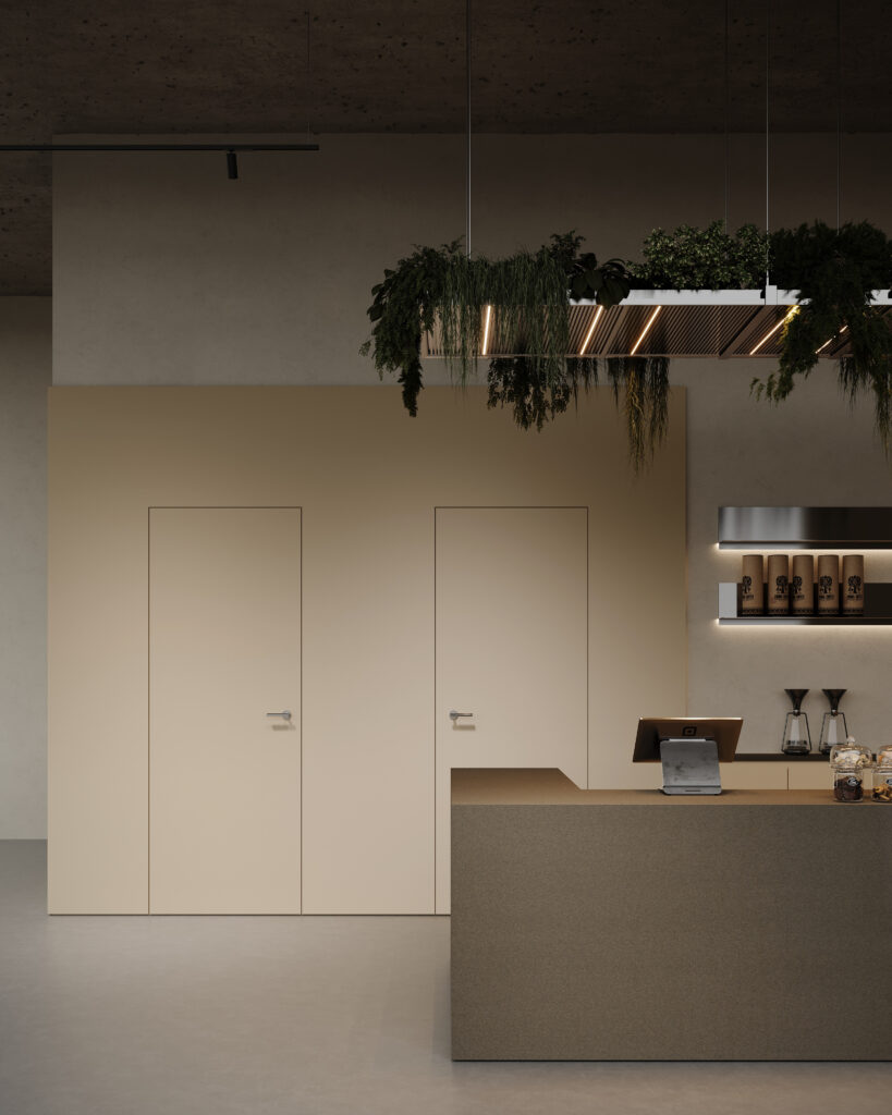 Een render van een horecagelegenheid met een bar uitgewerkt in solid surface decor DM2003 River Bed van Durasein, welke een interessante kleurmelange heeft. De wandafwerking uitgewerkt in het decor UA80 Talco van Cleaf
