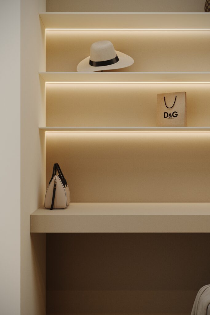 Kast met planken uitgewerkt in de zandkleurige UB15 Talco van Cleaf en solid surface decor DM2013 Sandalwood, welke bijzonder fijne spikkeltjes laat zien