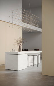 Render van een kantoorbalie in het solid surface decor DM5026 Leaden van Durasein, welke vloeiende lijnen laat zien, en wandafwerking in de zachte vanille kleurige UB20 Talco van Cleaf