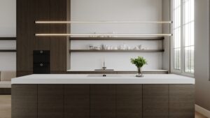 Render van een keuken met eiland, uitgewerkt in de S218 Doga van Cleaf, een houtdecor met dynamisch lijnenspel, en DM5018 Bianca Sabbia van Durasein, welke een subtiel, vloeiend lijnenspel toont in een gebroken witte solid surface basis