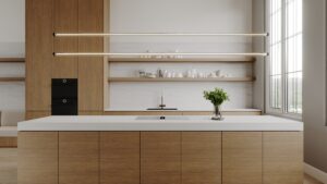 Render van een keuken met eiland, uitgewerkt in de S220 Doga van Cleaf, een houtdecor met dynamisch lijnenspel, en solid surface decor DM5001 Niagara van Durasein, welke de vloeiende beweging van aders toont