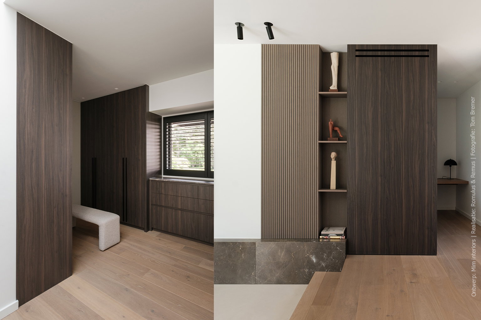 Maatwerkkasten in LN55 Maloja houtdecor met subtiele structuur en warmbruine tint, geïnspireerd op mat gelakt notenhout.