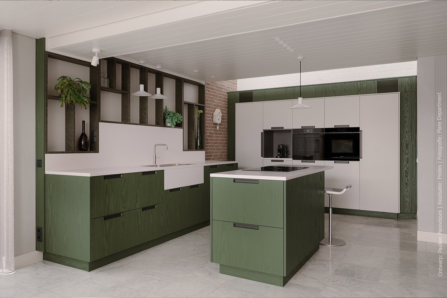 Moderne keuken uitgevoerd in UB54 legergroen uit het Solid Colours programma, gecombineerd met Millenium structuur.