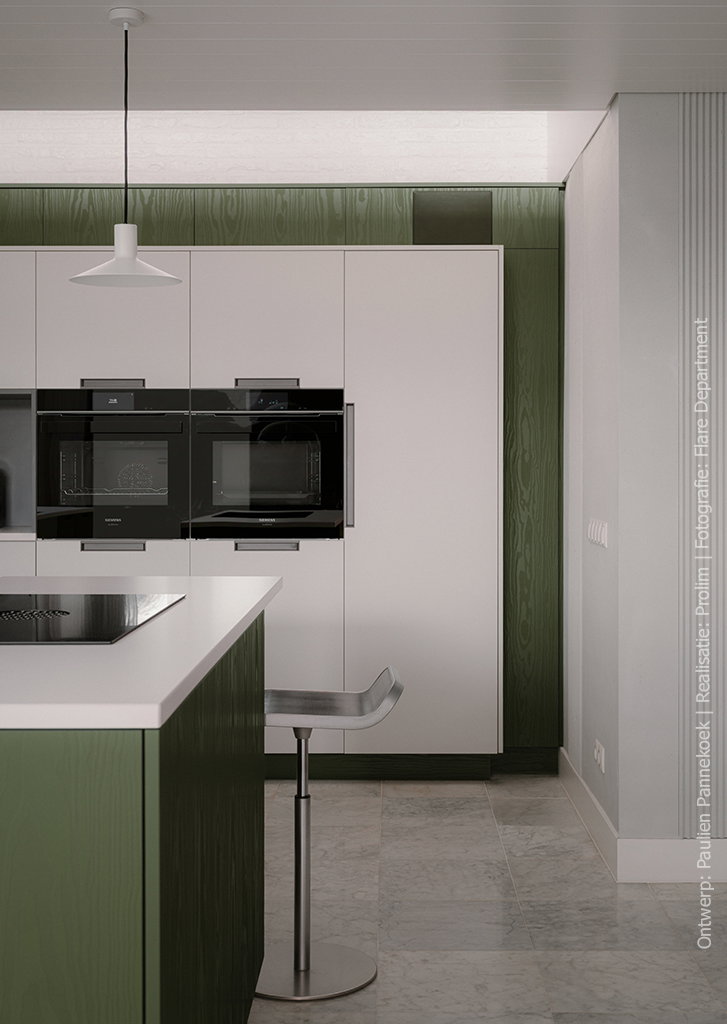 Moderne keuken uitgevoerd in UB54 legergroen uit het Solid Colours programma, gecombineerd met Millenium structuur.
