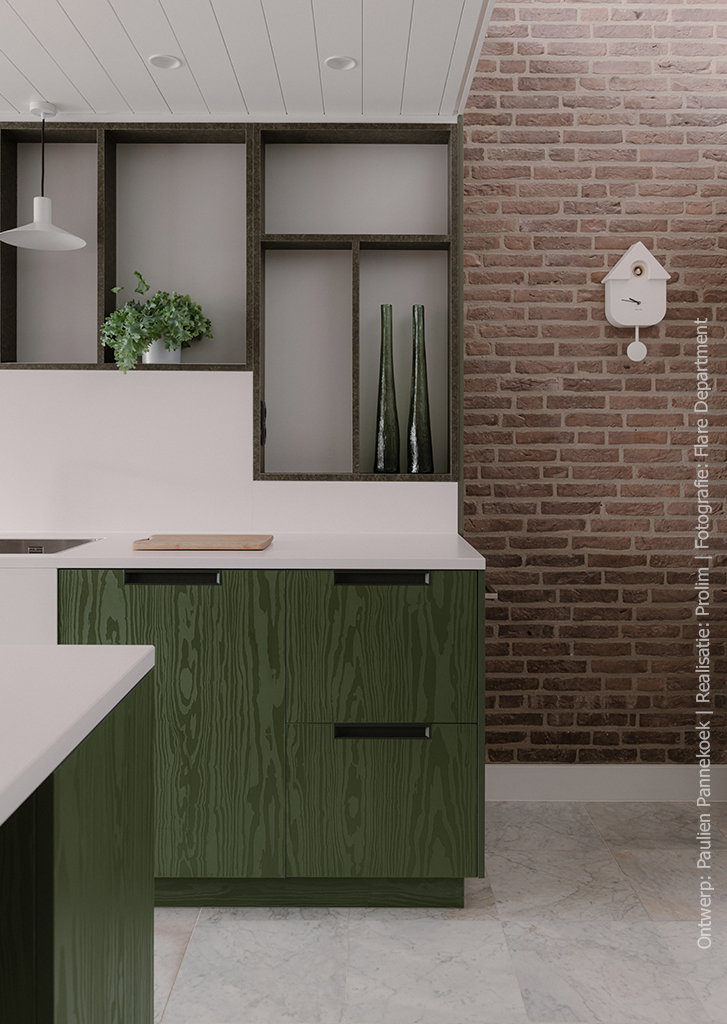 Moderne keuken uitgevoerd in UB54 legergroen uit het Solid Colours programma, gecombineerd met Millenium structuur.