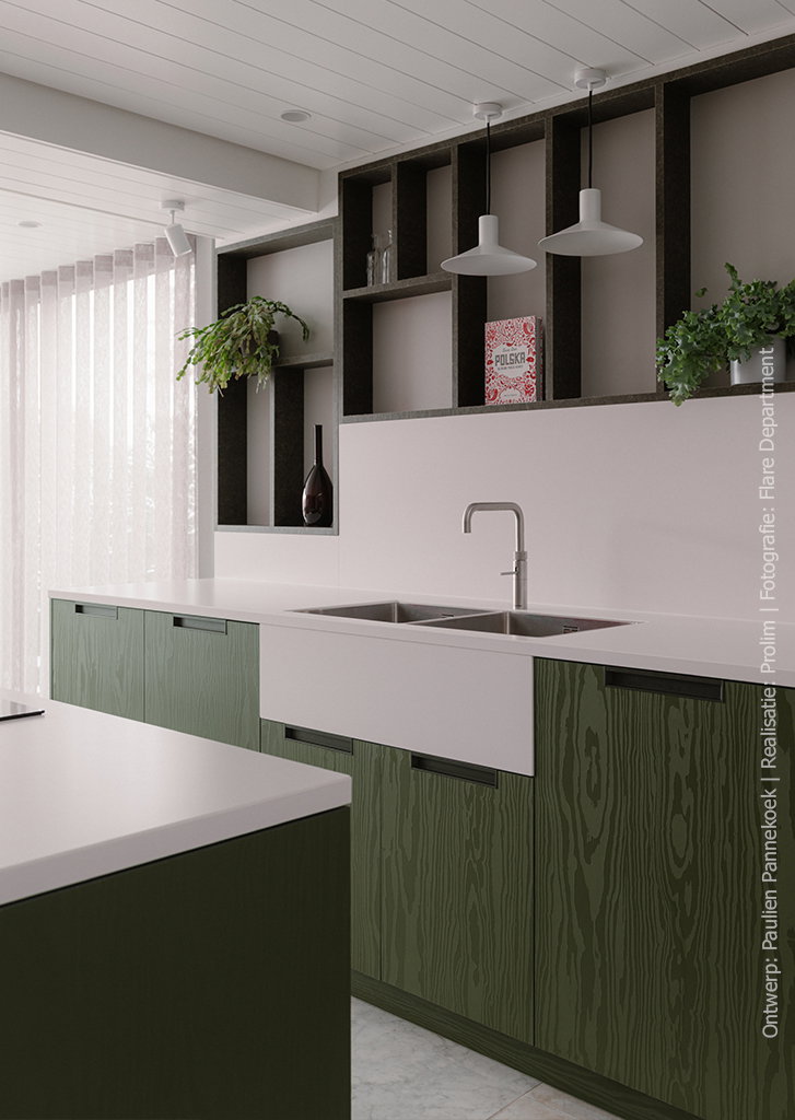 Moderne keuken uitgevoerd in UB54 legergroen uit het Solid Colours programma, gecombineerd met Millenium structuur.