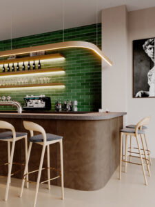 Renderafbeelding van een bar, uitgewerkt in de donkerbruine FD63 Alpaca, werkblad in het gespikkelde, chocoladebruine solid surface DM3041 rockaway en wandafwerking in de champagnekleurige metallic FD06 Reflex.