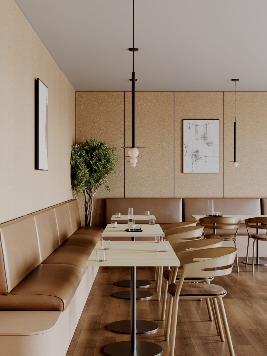 Renderafbeelding van een restaurant met wandafwerking uitgevoerd in FD57 Nadir, tafelblad in eikenhouten S206 Quercia en bank in FD29 Taranta
