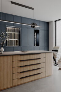 Render van een winkel, waar een grote samplekast is uitgevoerd in de blauwe HM10 Piombo en een eiland in houtdecor LS94 Matrice van Cleaf. Het blad van het eiland is uitgevoerd in de PM4081 Steel Grey van Durasein.
