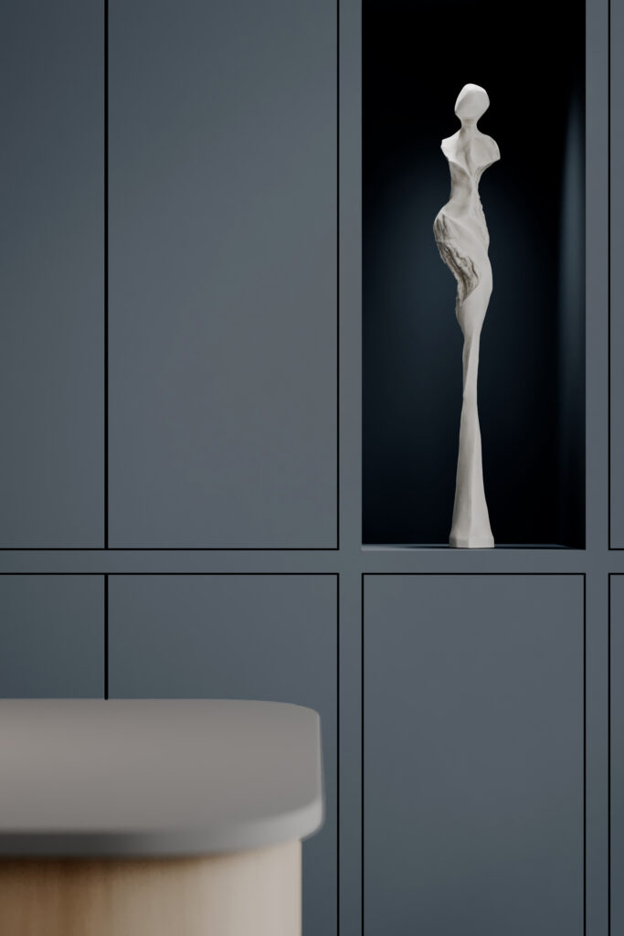 Render van een detailafbeelding van een kast uitgevoerd in de blauwe HM10 Piombo. Het blad van het eiland ervoor is uitgevoerd in PM4081 Steel Grey van Durasein.