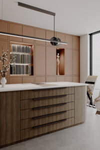 Render van een winkel, waar een grote samplekast is uitgevoerd in de roze HM11 Piombo en een eiland in houtdecor LS95 Matrice van Cleaf. Het blad van het eiland is uitgevoerd in de PM4020 Frothy van Durasein.