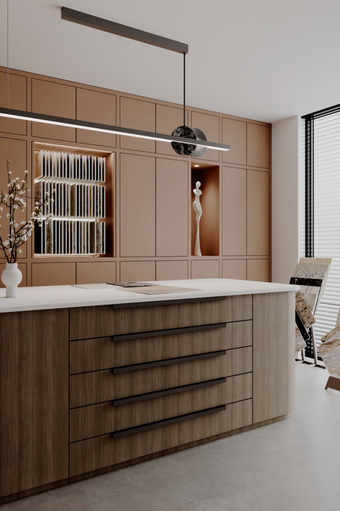 Render van een winkel, waar een grote samplekast is uitgevoerd in de roze HM11 Piombo en een eiland in houtdecor LS95 Matrice van Cleaf. Het blad van het eiland is uitgevoerd in de PM4020 Frothy van Durasein.