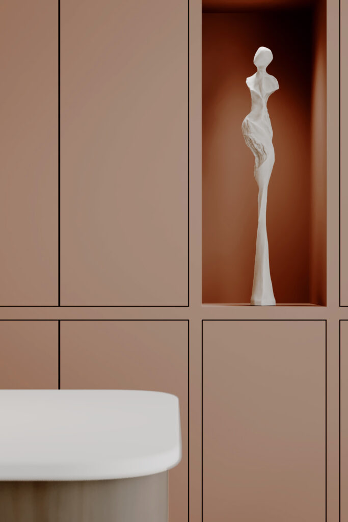 Render van een detailafbeelding van een kast uitgevoerd in de roze HM11 Piombo. Het blad van het eiland ervoor is uitgevoerd in PM4020 Frothy van Durasein.