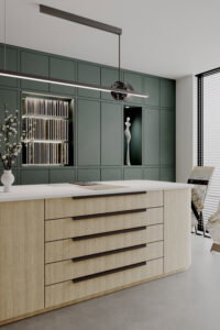 Render van een winkel, waar een grote samplekast is uitgevoerd in de donkergroene HM12 Piombo en een eiland in houtdecor LS93 Matrice van Cleaf. Het blad van het eiland is uitgevoerd in de PM4332 Slancio White van Durasein.
