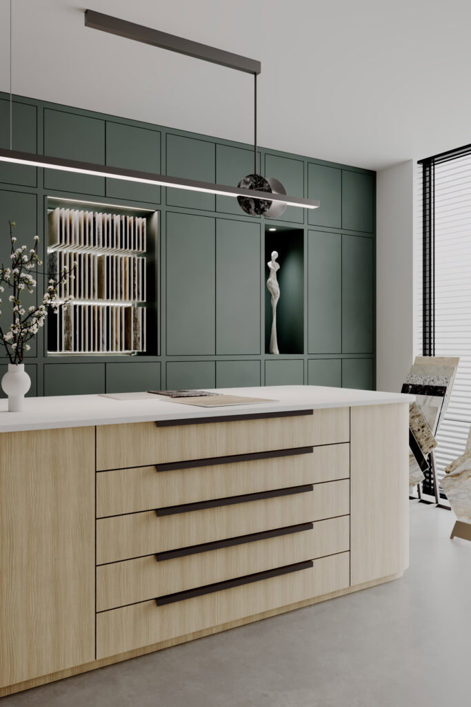 Render van een winkel, waar een grote samplekast is uitgevoerd in de donkergroene HM12 Piombo en een eiland in houtdecor LS93 Matrice van Cleaf. Het blad van het eiland is uitgevoerd in de PM4332 Slancio White van Durasein.