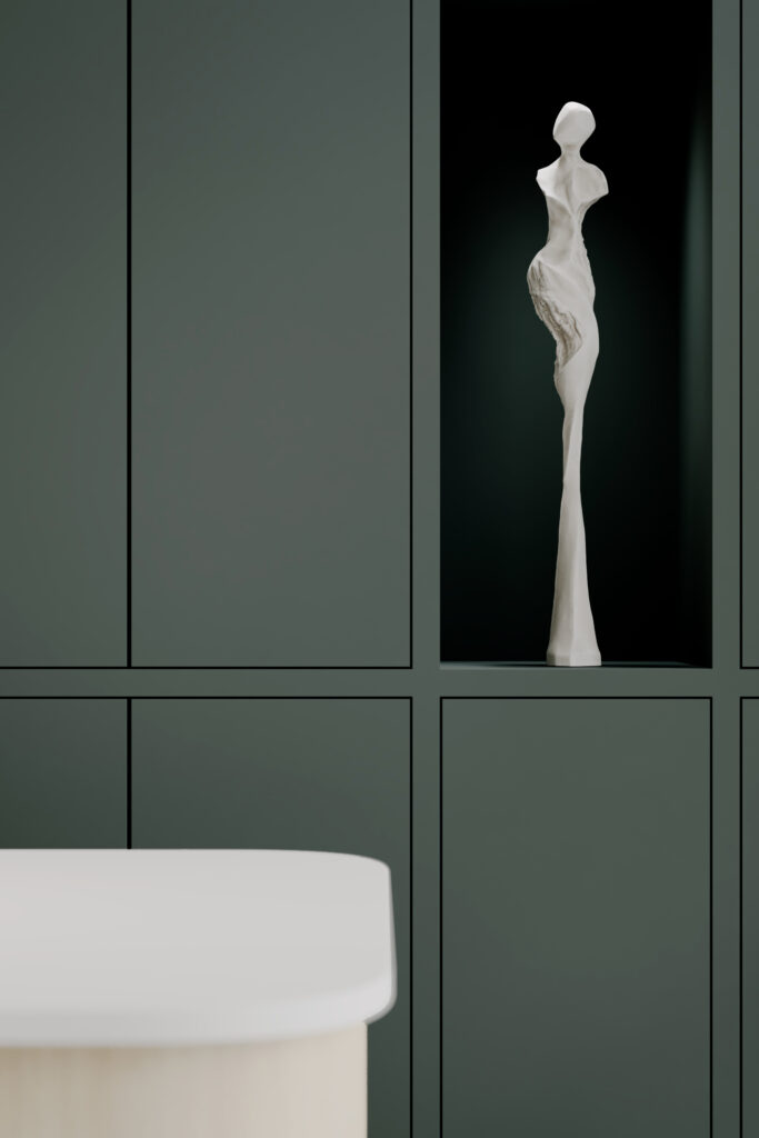 Render van een detailafbeelding van een kast uitgevoerd in de donkergroene HM12 Piombo.