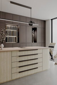 Render van een winkel, waar een grote samplekast is uitgevoerd in de bruine HM13 Piombo en een eiland in houtdecor LS92 Matrice van Cleaf. Het blad van het eiland is uitgevoerd in de PM6148 Light Taupe van Durasein.