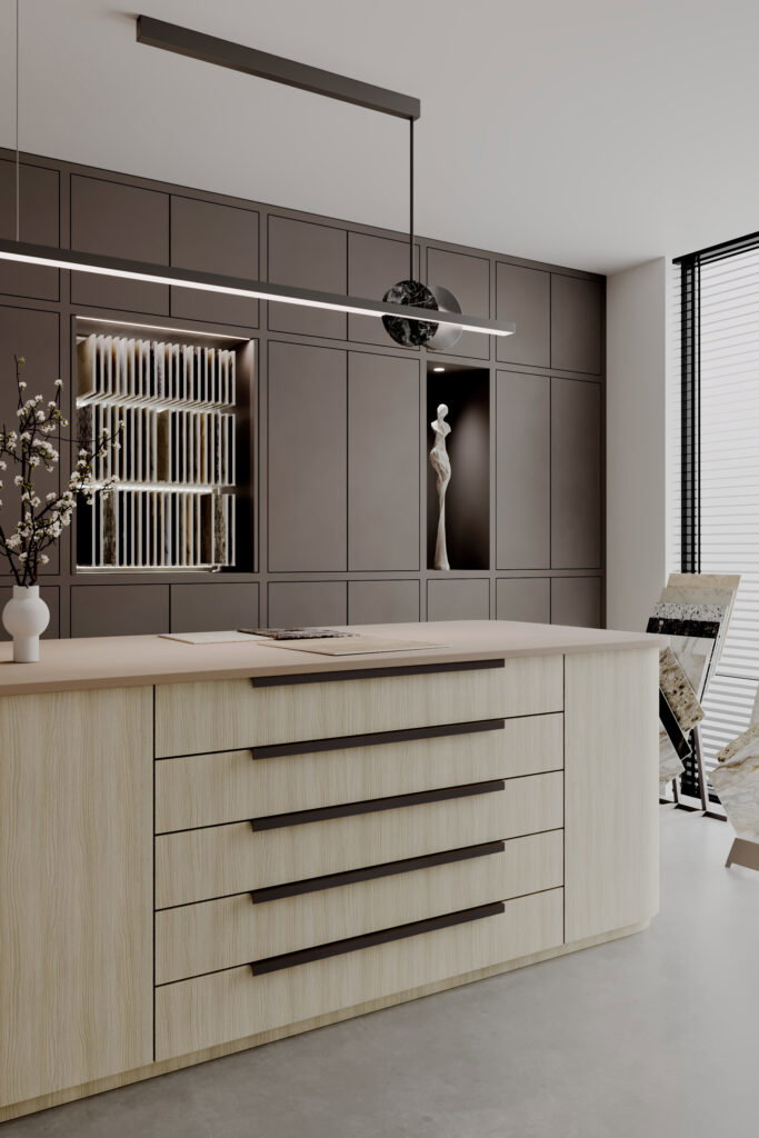 Render van een winkel, waar een grote samplekast is uitgevoerd in de bruine HM13 Piombo en een eiland in houtdecor LS92 Matrice van Cleaf. Het blad van het eiland is uitgevoerd in de PM6148 Light Taupe van Durasein.