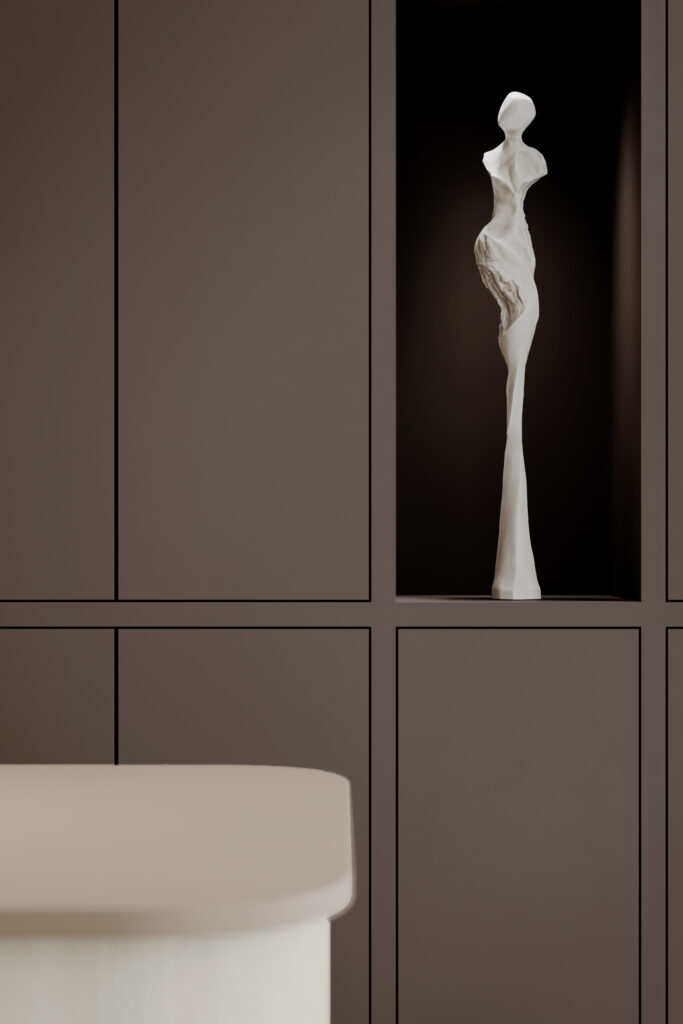 Render van een detailafbeelding van een kast uitgevoerd in de bruine HM13 Piombo. Het blad van het eiland ervoor is uitgevoerd in PM6148 Light Taupe van Durasein.