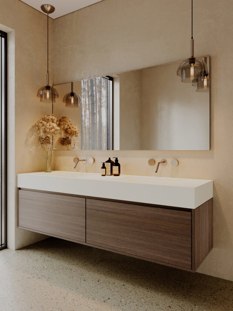 Renderafbeelding van een badkamer met het meubel uitgewerkt in houtdecor LT10 Matrice en de wasbak in solid surface DM3034 Chill
